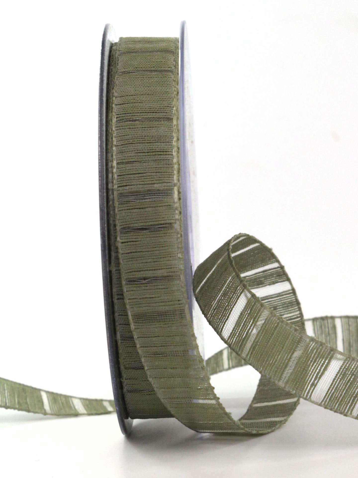 Deko- und Geschenkband mit Streifenmuster, moosgrün, 15 mm breit, 20 m Rolle - dekobaender, einfarbige-geschenkbaender, geschenkbaender