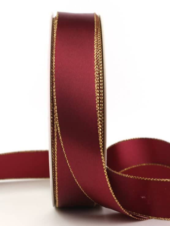Satinband mit Goldkante, bordeaux, 25 mm breit - geschenkband-weihnachten-einfarbig, weihnachtsband, geschenkband-weihnachten, satinband-m-goldkante