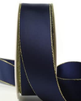 Satinband mit Goldkante, marineblau, 40 mm breit - weihnachtsband, satinband-m-goldkante, geschenkband-weihnachten-einfarbig, geschenkband-weihnachten