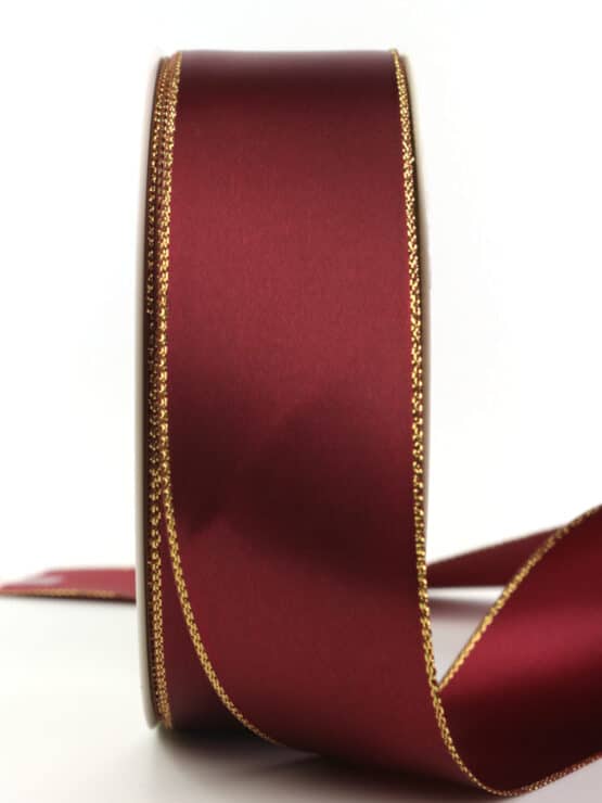 Satinband mit Goldkante, bordeaux, 40 mm breit - geschenkband-weihnachten-einfarbig, weihnachtsband, geschenkband-weihnachten, satinband-m-goldkante