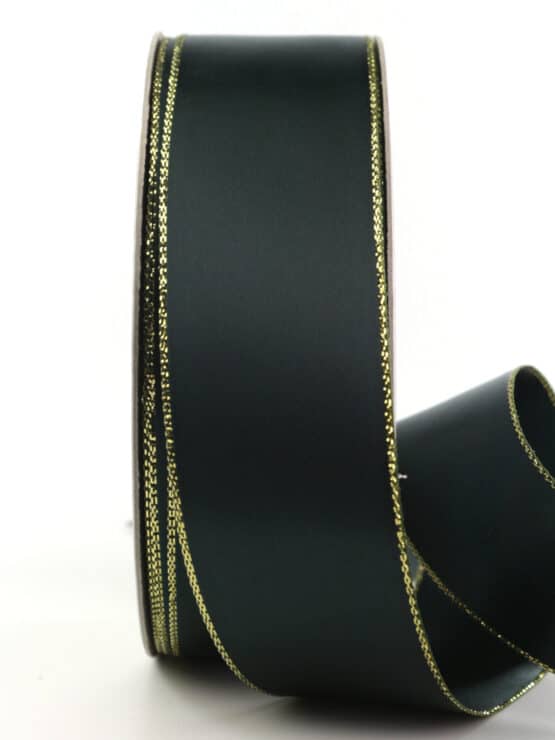 Satinband mit Goldkante, tannengrün, 40 mm breit - weihnachtsband, satinband-m-goldkante, geschenkband-weihnachten-einfarbig, geschenkband-weihnachten