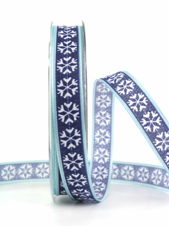 Schneeflocken-Band, blau, 15 mm breit - geschenkband-weihnachten-weihnachtsbaender, weihnachtsbaender, geschenkband-weihnachten-gemustert-weihnachtsbaender