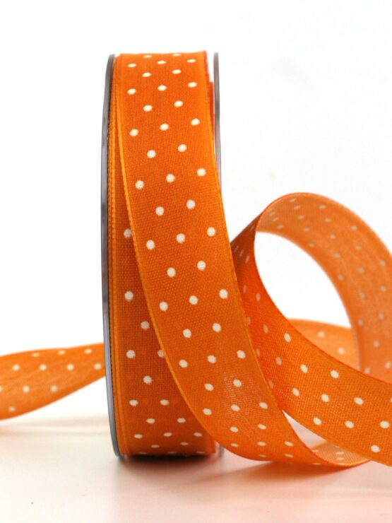 Leinenband mit Punkten, orange, 25 mm breit, 20 m Rolle - geschenkbaender-mit-punkten, geschenkband-gemustert-geschenkbaender, geschenkbaender