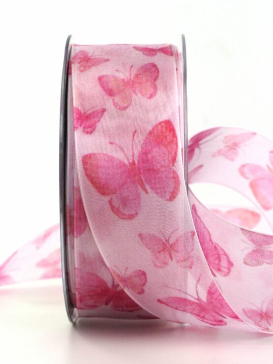 Organzaband mit Schmetterlingen, pink, 40 mm breit, 20 m Rolle - geschenkbaender, geschenkband-gemustert-geschenkbaender