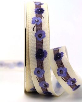Leinenband mit Vergissmeinnicht-Blüten, flieder, 25 mm - webkante, dekoband