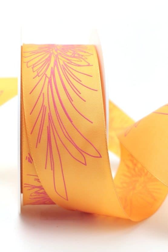 Florales Geschenkband, orange, 40 mm breit - dekoband, geschenkband-gemustert, 20-rabatt, dekoband-mit-drahtkante-dekoband
