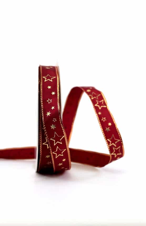 Geschenkband bordeaux / goldene Sterne, 15 mm breit - geschenkband-weihnachten-gemustert, geschenkband-weihnachten, weihnachtsband