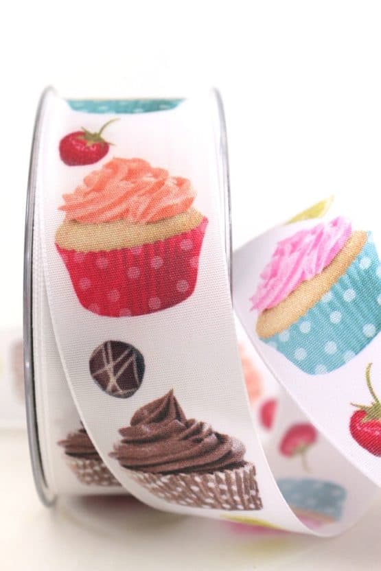 Geschenkband Cupcakes, 40 mm - dekoband, geschenkband-gemustert, essen-trinken