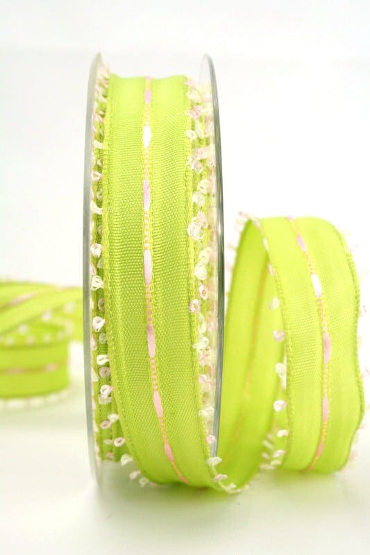 Geschenkband grün-rosa, 25 mm breit - dekoband-mit-drahtkante-dekoband, sonderangebot
