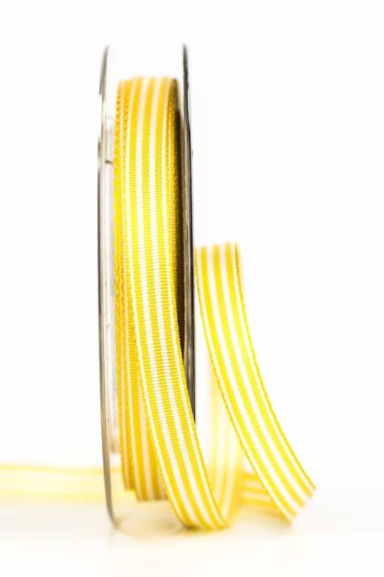 Schmales Taftband mit Streifen gelb-weiß, 10 mm breit - dekoband