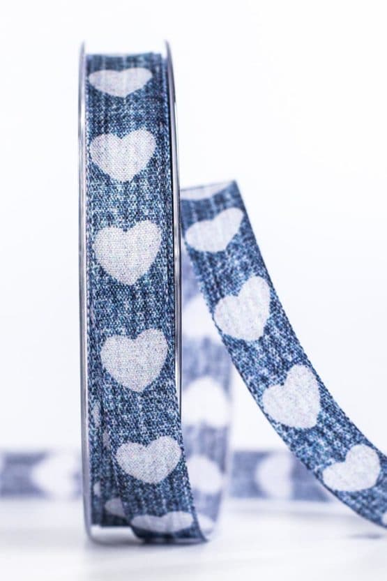 Jeansband mit Herzen, blau, 15 mm breit - geschenkband-mit-herzen