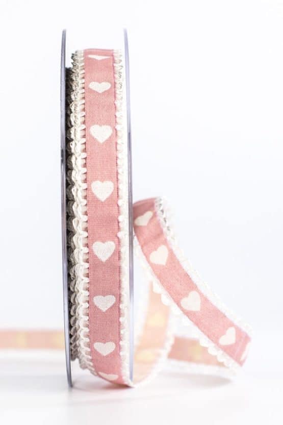 Geschenkband mit Herzen, rosa, 15 mm breit - geschenkband-mit-herzen