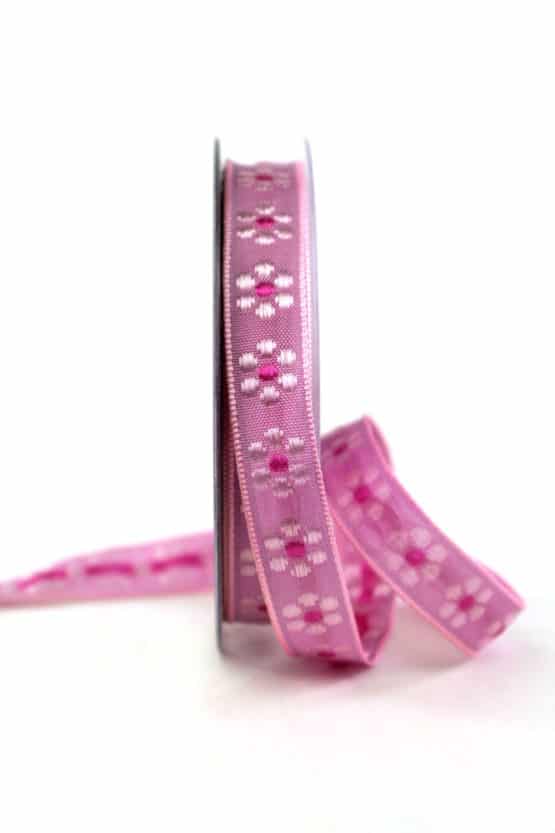 Hochwertiges Dekoband mit gewebten Blüten, rosa, 15 mm breit - geschenkband-gemustert, dekoband