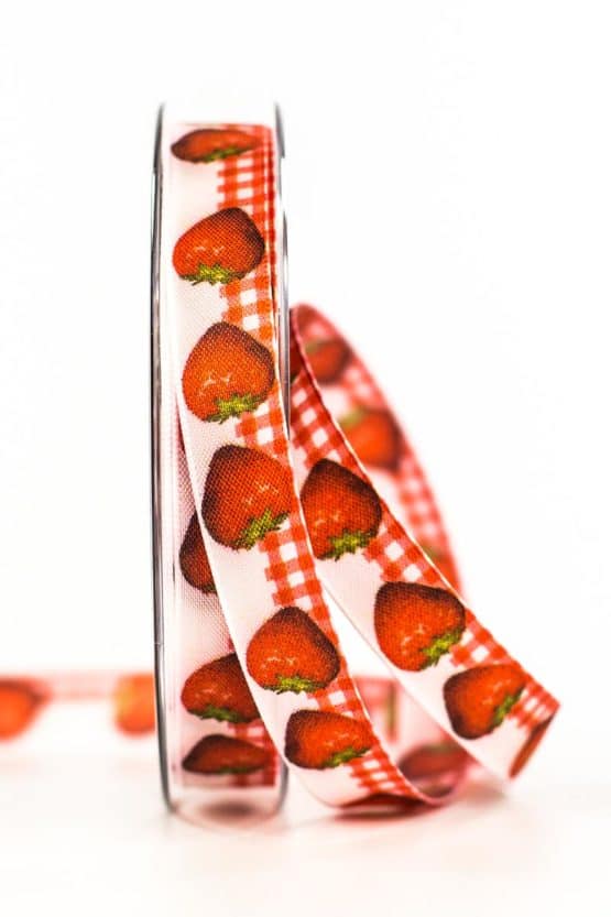 Schleifenband Erdbeeren, 15 mm breit - geschenkband-gemustert, geschenkband