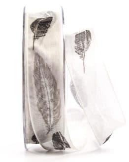 Organzaband mit Federn, grau, 25 mm breit - organzaband-gemustert