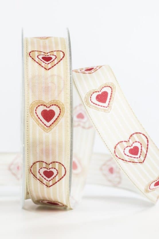 Geschenkband Herz, beige, 25 mm breit - geschenkband-mit-herzen, valentinstag, muttertag