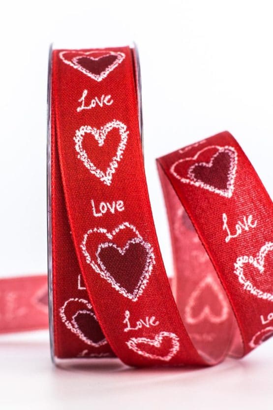 Geschenkband “Love”, rot, 25 mm breit - geschenkband-mit-herzen, geschenkband-gemustert, valentinstag, muttertag, anlaesse, geschenkband-fuer-anlaesse, geschenkband