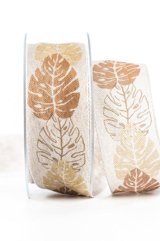 Changierendes Schleifenband Blätter, braun, 40 mm breit - geschenkband-gemustert, dekoband