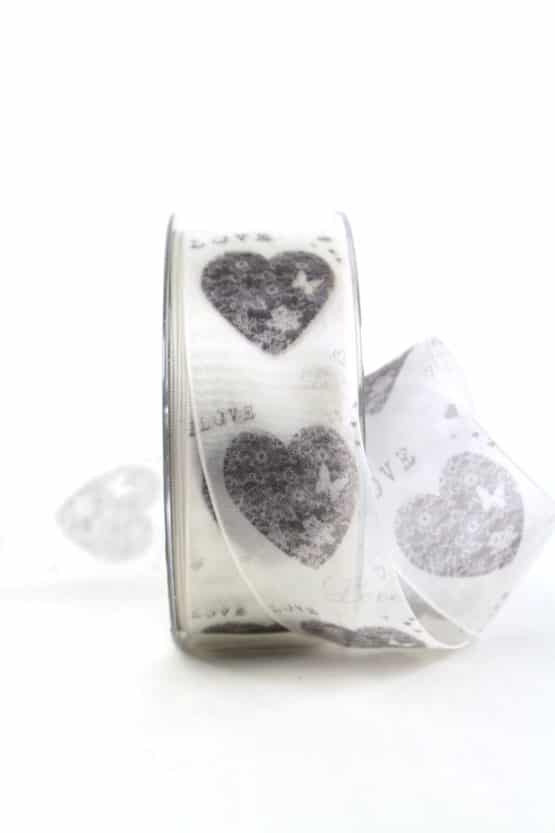 Geschenkband mit grauen Herzen, 40 mm breit - hochzeit, valentinstag, muttertag