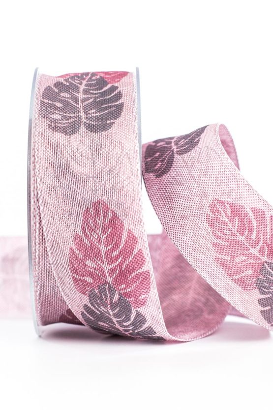 Changierendes Schleifenband Blätter, rosa, 40 mm breit - geschenkband-gemustert, dekoband