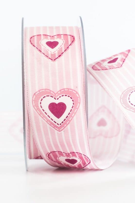 Geschenkband Herz, rosa, 40 mm breit - geschenkband-mit-herzen, valentinstag, muttertag