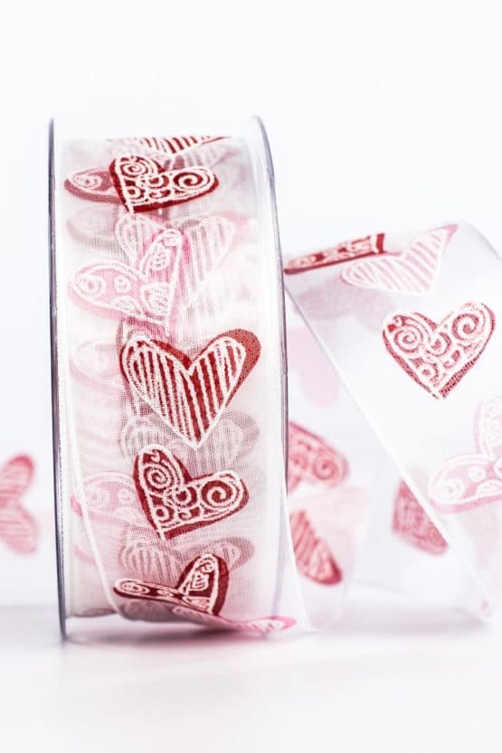 Organzaband mit roten Herzen, weiß, 40 mm breit - geschenkband-gemustert, valentinstag, organzaband, muttertag, anlaesse, geschenkband-fuer-anlaesse, geschenkband, organzaband-gemustert, geschenkband-mit-herzen