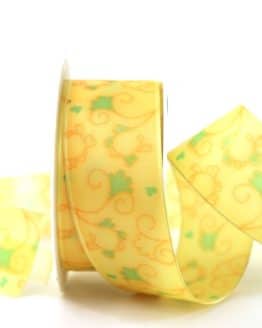 Geschenkband Blütenranke, gelb, 40 mm breit - geschenkband-gemustert, dekoband
