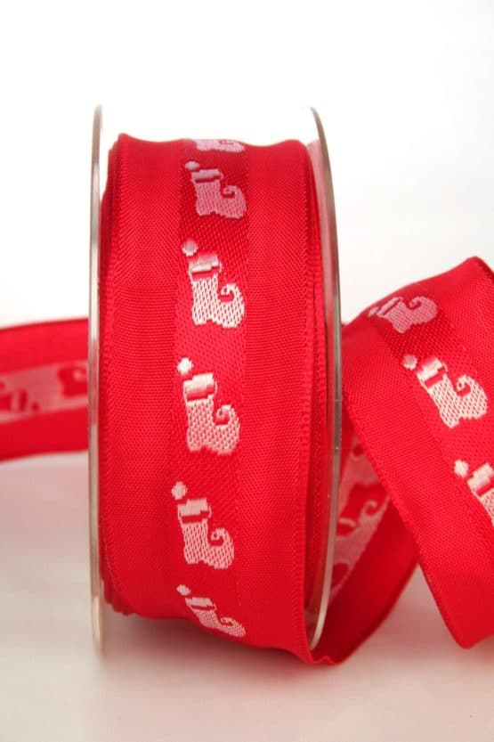 Dekoband für Weihnachten, rot-weiß mit Nikolausstiefel, 40 mm breit - weihnachtsband