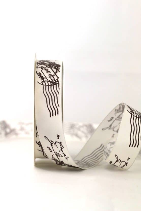 Taftband mit Poststempel aus Paris, creme, 25 mm breit - dekoband, geschenkband-gemustert