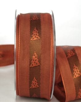 Ausgefallenes Dekoband für Weihnachten, terra/braun mit Tannenbäumen, 40 mm breit - weihnachtsband