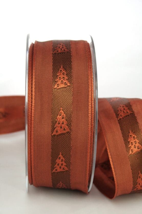 Ausgefallenes Dekoband für Weihnachten, terra/braun mit Tannenbäumen, 40 mm breit - weihnachtsband