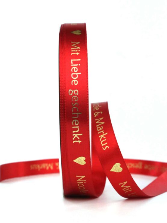 Geschenkband "Mit Liebe geschenkt" + Ihr Name, rot/gold, 15 mm breit - personalisierte-baender, weihnachtsband, geschenkband-weihnachten-weihnachtsbaender, weihnachtsbaender, geschenkband-fuer-anlaesse-geschenkbaender, geschenkbaender