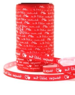 Poly-Ringelband (Kräuselband) 10 mm, mit Liebe verpackt - polyband, outdoor-baender, geschenkband-mit-herzen, geschenkband-fuer-anlaesse