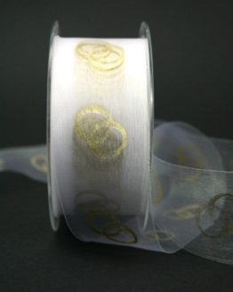Organzaband mit goldenen Ringen, weiß, 40 mm breit - schnittkante, hochzeit