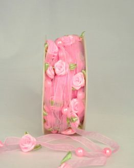 Organzaband mit Satin-Rosenblüten, rosa, 6 mm - sonderangebot, organzaband