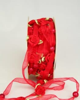 Organzaband mit Satin-Rosenblüten, rot, 6 mm - organzaband, sonderangebot