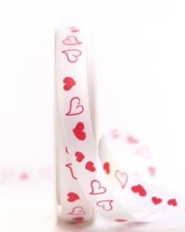 Satinband mit roten Herzen, 15 mm breit - geschenkband-mit-herzen, hochzeitsdeko, valentinstag, muttertag
